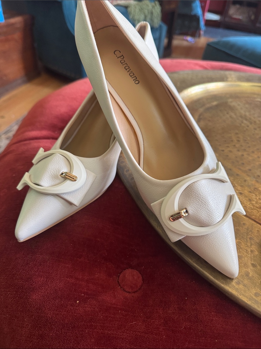 C. Pavarotti Ivory Pointed-Toe Leather Heels with Decorative Ring